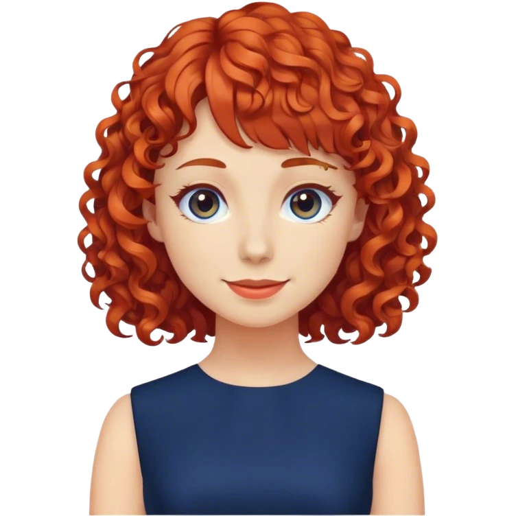 Woman with curly red bangs dark blue work dress   emoji