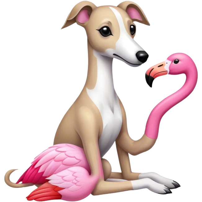 Un lévrier whippet avec sa peluche le flamant rose. emoji