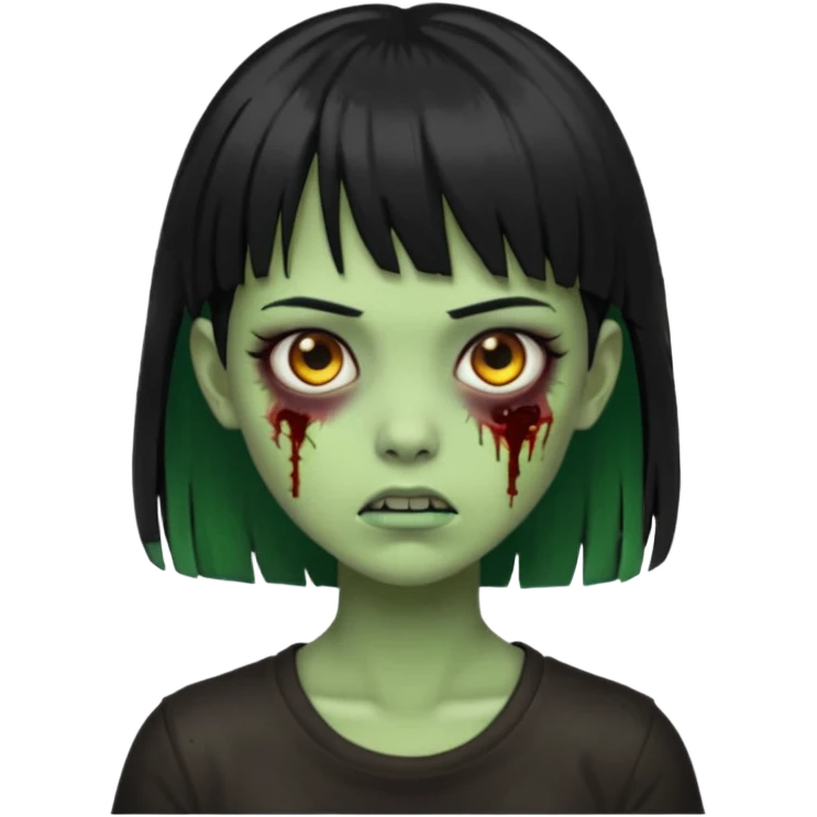 Emoji de uma garota zumbi com os cabelos longos, lisos e pretos. Ela usa uma franja curta. Pele verde  emoji