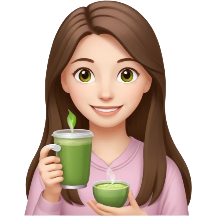 happy white long brunette hair girl with hazel eyes wearing light pink who is holding matcha emoji