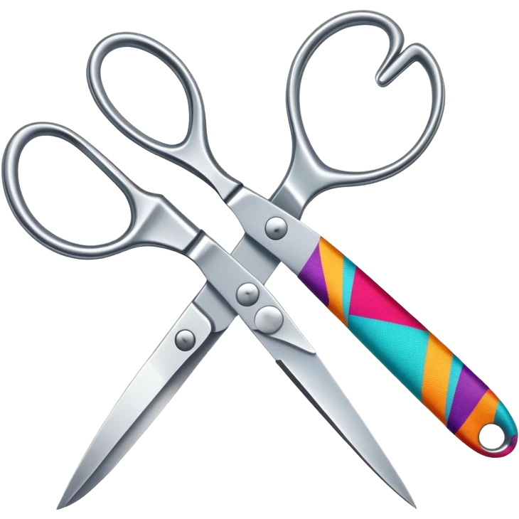 silver scissors cutting colorful fabric emoji
