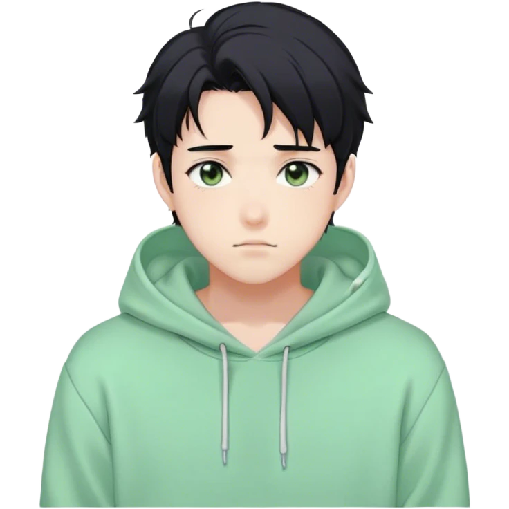 Gorgeous pastel green sweater black hair anime style shojo guy with blushing face and, hoodie, aesthetic, young adult, trending style, outside, vedal987 emoji