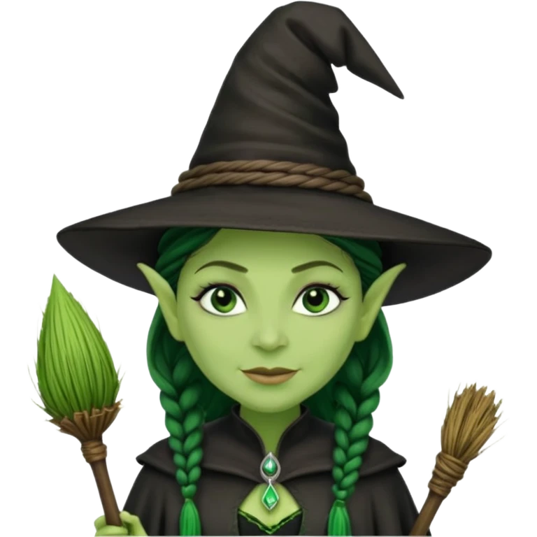 elphaba the wicked witch from wicked movie (cynthia erivo) microbraid hair, witch hat, broom emoji