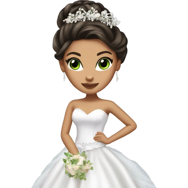 Bratz, bride, brunette updo hair, olive skin, green eyes emoji