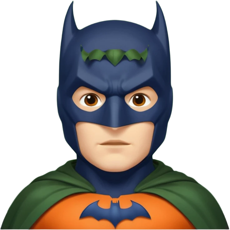 generate a batman emoji with just the face and neck showing and part of the cloak and and wings. Shade the bat logo on the chest in a medium green with a slight olive touch. Shade the mask in dark navy blue. Shade the cloak in a solid vibrant orange.

 emoji