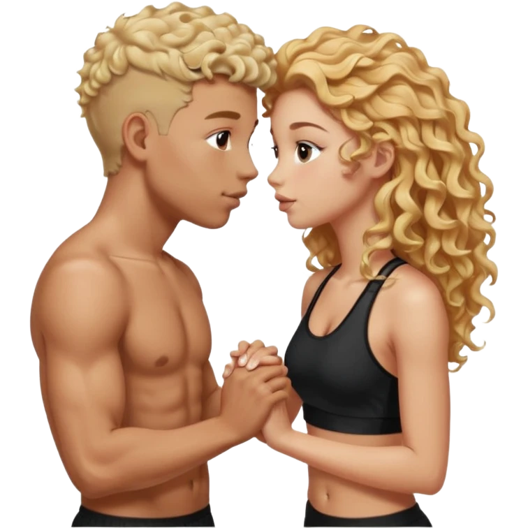 athletic man, high top fade, blonde curly hair only top only, no shirt and Athletic girl with long light RED wavy long hair and black sports, Put them together kissing, or holding hands give the girl red hair  emoji