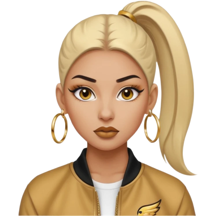 “Emoji girl, fierce confident expression, sharp winged eyeliner, bold brows, matte nude lips, long lashes, sleek high ponytail, wearing gold hoop earrings and sporty streetwear jacket.” emoji