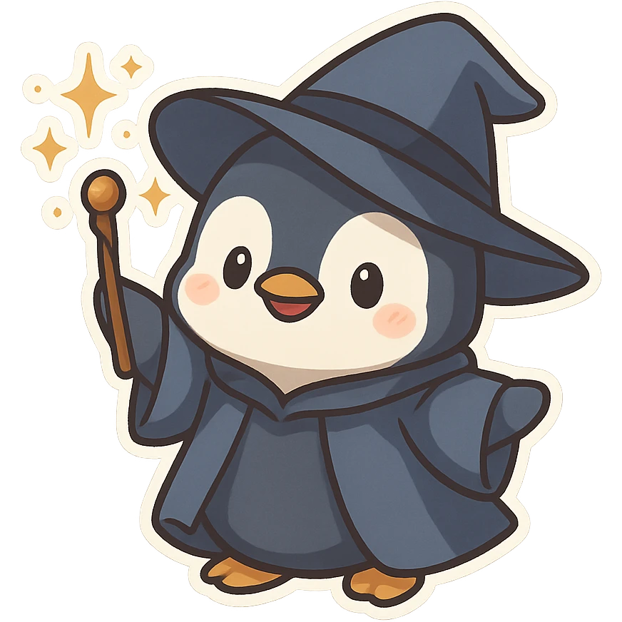playful penguin in wizard robes, big pointed hat, waving a magic staff with sparkles emoji