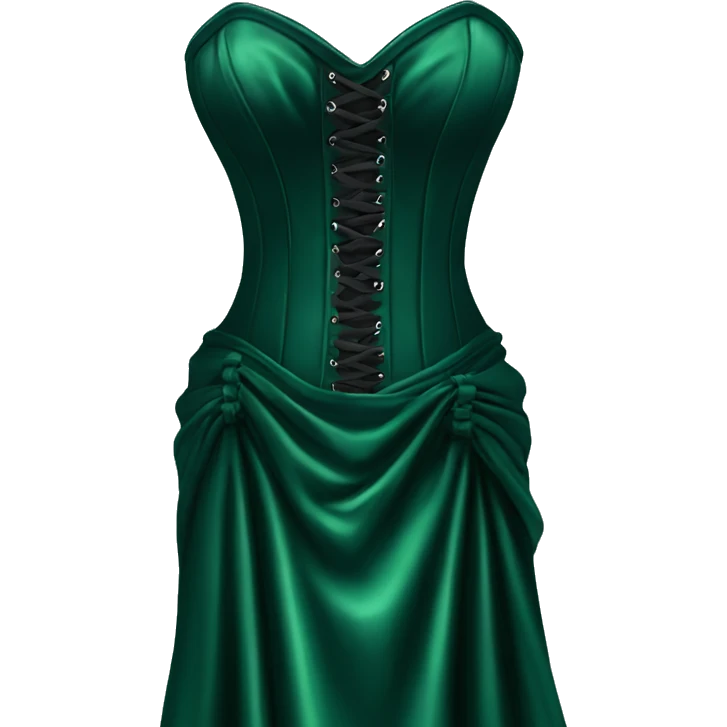 Realistic dark green silk maxi dress isolated with a tight corset. No person, just a dress emoji