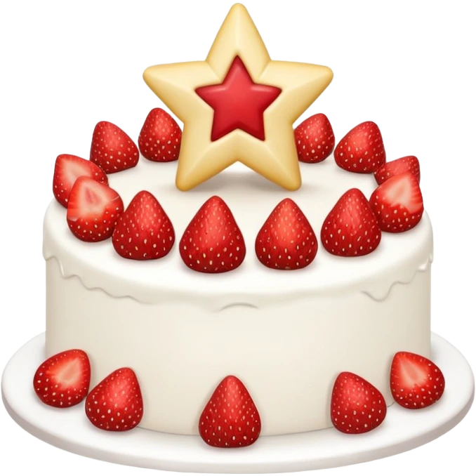 white cake with strawberries and a star-shaped cake topper emoji