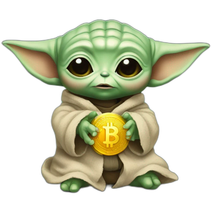 Baby yoda with bitcoin in hands emoji