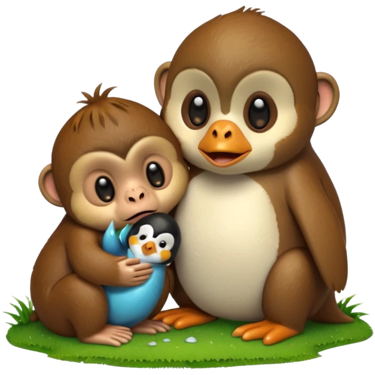 A monkey melting and crying while having a penguin on its head and both of them are touching grass emoji