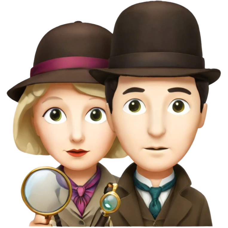 A vibrant, colorful collage featuring iconic characters like Sherlock Holmes with his magnifying glass, Miss Marple with a calm expression, and Pinkerton. The design should evoke mystery and intrigue, with elements like clues, shadows, and old-fashioned detective tools. Transparent background. emoji