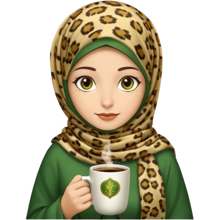 Turkish beautiful finish Konya girl green brown eyes with beige and light yellow leopard hijab islamic dress and had on her hand Turkish coffee emoji