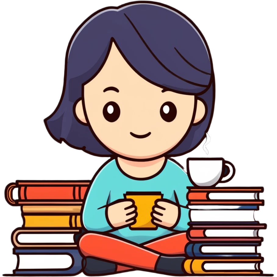 Tired girl cramming for exams with books and coffee emoji