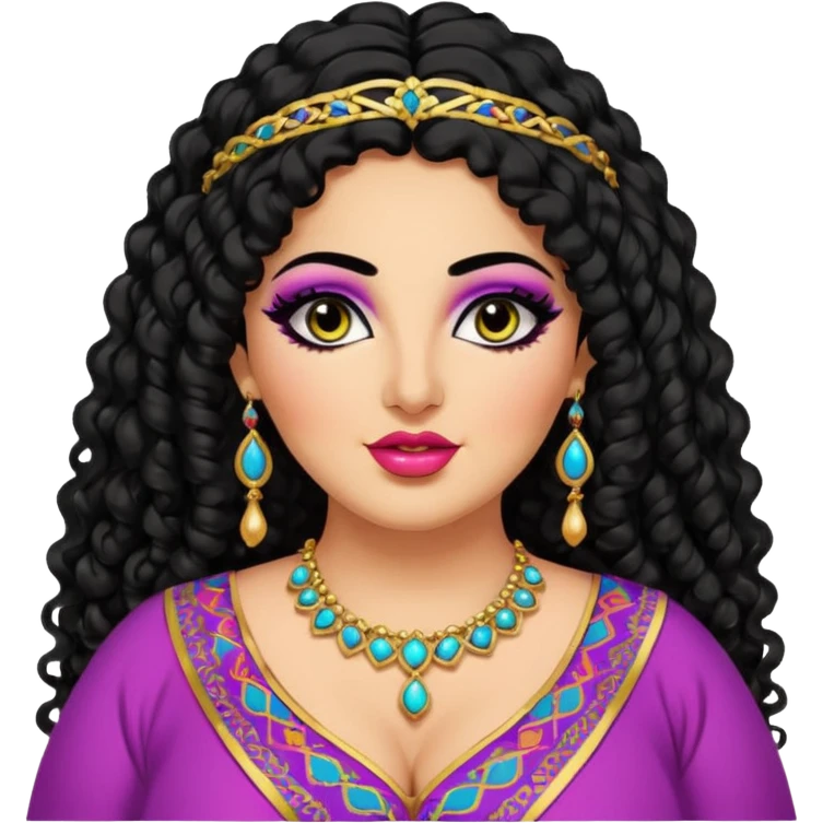 big plus size, arab, long black curly hair, arab clothes, baddie,pretty, makeup, lipgloss, black eyeliner, colorful, bridal emoji