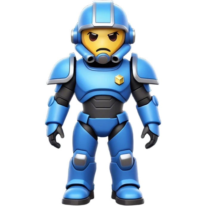 Clash of Clans aesthetic: Cinematic Playful Terran Marine Hero Emoji, rendered in a 3D vector-style similar to standard emojis with minimal shading and bold, simplified shapes. A compact, heroic isometric figure clad in futuristic power armor with signature energy accents, softly glowing with a cosmic battle charm. Simplified yet unmistakably iconic, highly detailed and consistent, glowing with a soft radiant shine and high gloss. Stylized with a touch of interstellar valor and a soft glowing outline, capturing the essence of an elite space warrior with a friendly, playful manner! emoji