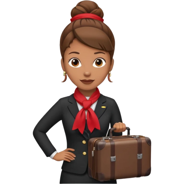 flight attendant, Light Brown skin, brown hair in single bun, neck scarf, suitcase emoji
