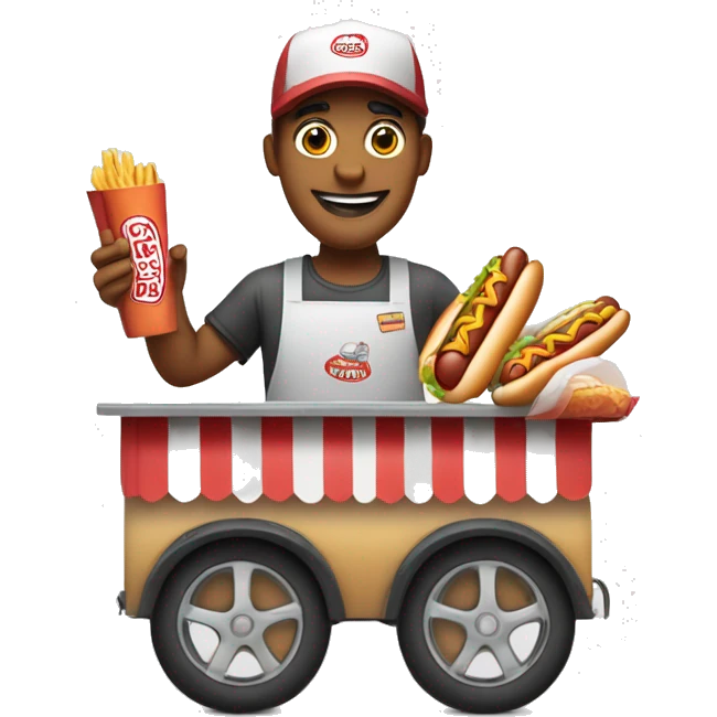 hot dog vendor holding a hot dog in his hand with a hot dog stand in the background with a white background emoji