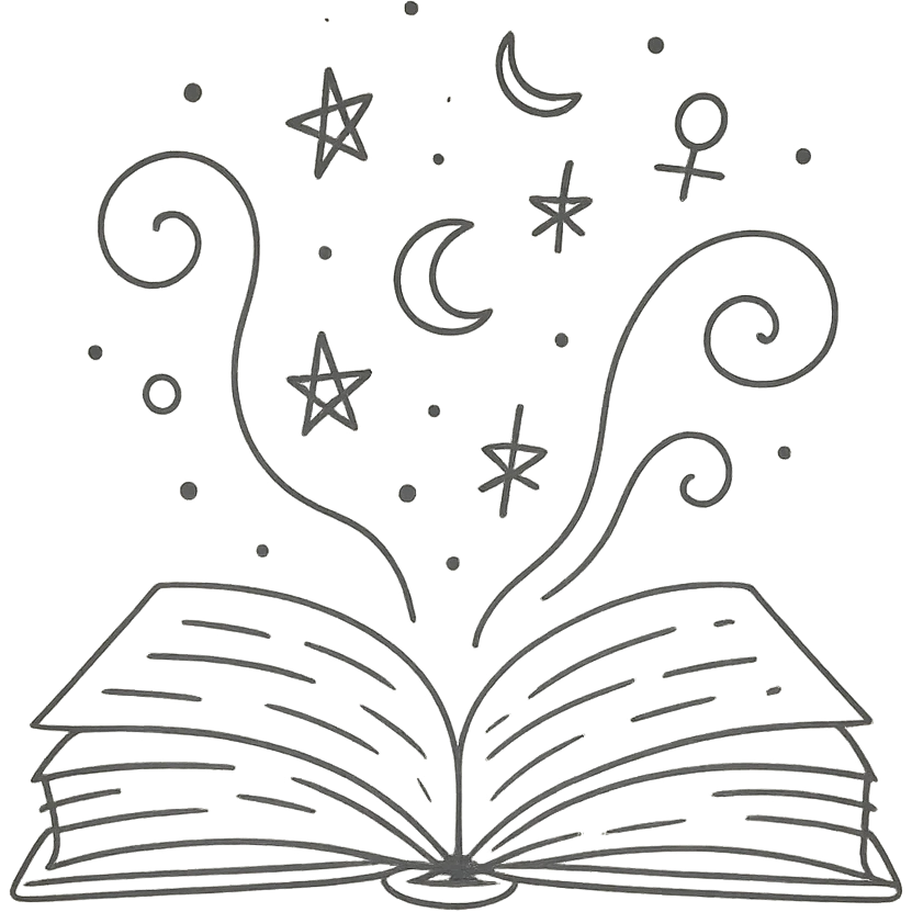 Открытая магическая книга в стиле дудлинг. Из её страниц вылетают завитки магии, звёздочки, луны, искры и таинственные символы. emoji