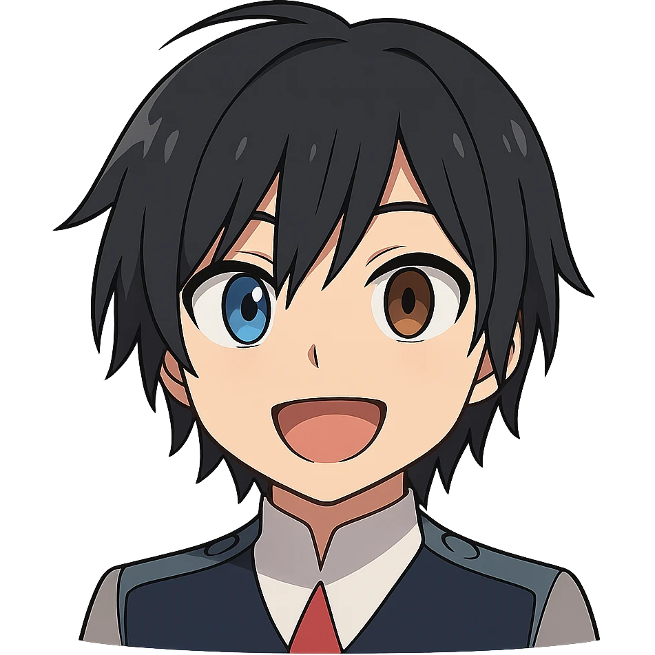 Anime-style emoji combining Hiro from 'Darling in the Franxx', Miamur from 'Horimiya', and Kanata Asai from 'Ovation Moments' emoji