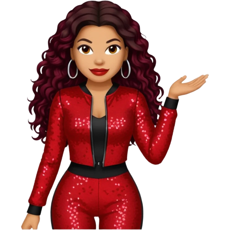 Jordin Sparks with long dark brown hair, red sequin outfit emoji