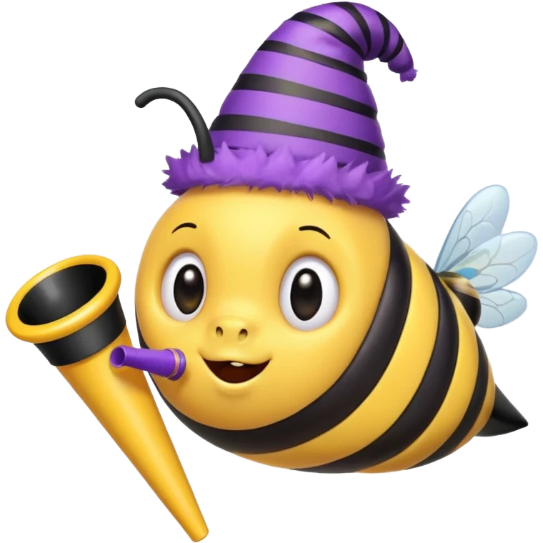 a Bee with purle Birthday Hat, Bee blowing party horn emoji