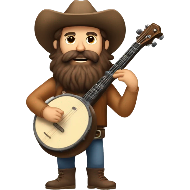 Burleigh man with long brown hair and a big brown beard playing the banjo looking like a rugged mountain man emoji