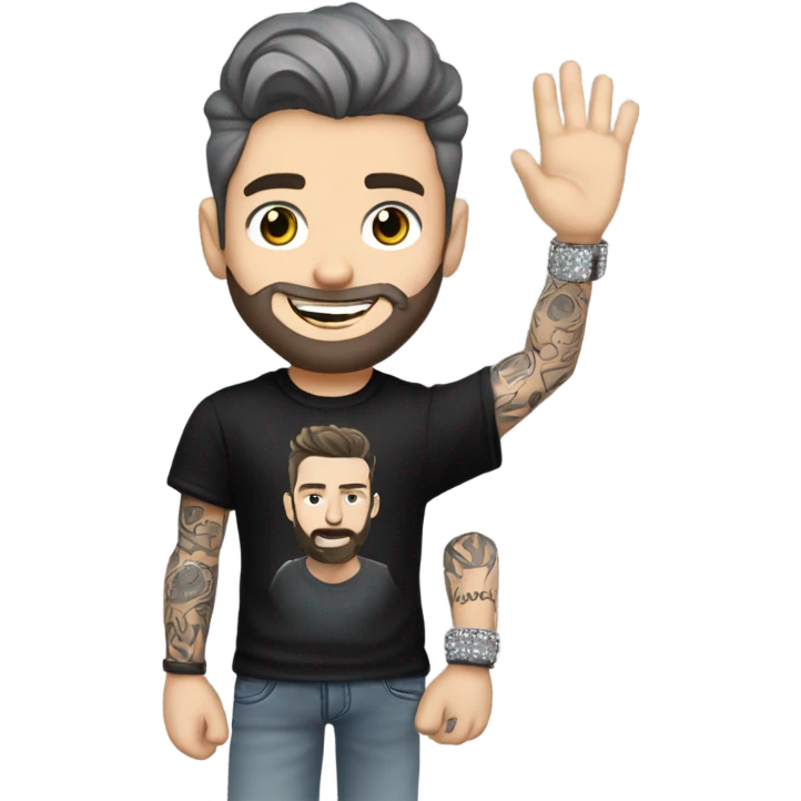 Younger white male with dark brown hair with grey highlights, a beard, and tattoos. He is wearing a diamond coated white gold necklace and a black punk band t-shirt while waving hello emoji