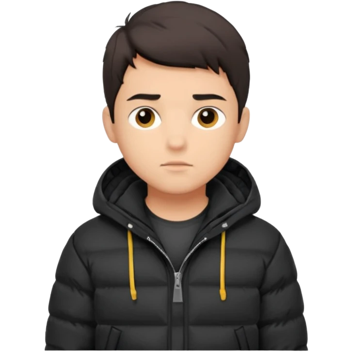 Style anchor + Young adult male American, medium skin, short dark hair, black puffer jacket over hoodie, neutral focused. emoji