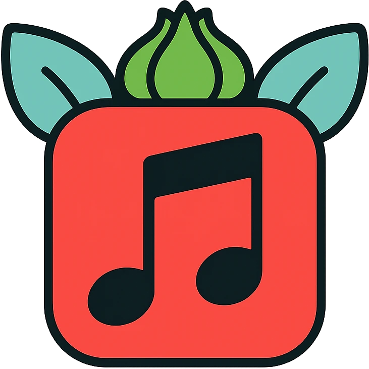 red note app emoji, flat design, bold red, music note symbol with Bulbasaur ears and bulb, minimal app icon emoji