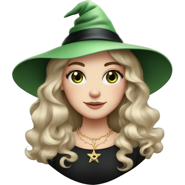 Witchy brunette haired green eyed lightly freckled white girl with a witty smile a gold necklace and a black witch hat with a baby pink bow emoji