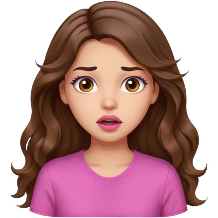 girl with long wavy brown hair, brown eyes, light to medium complexion, in a pink shirt, pink lips, long lashes, surprised, wow emoji