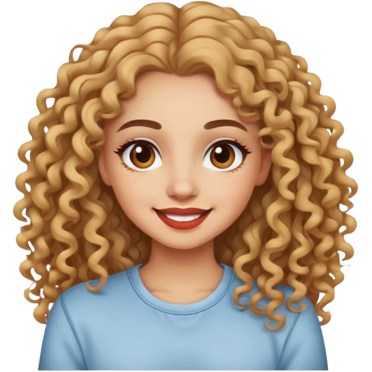 Happy girl with makeup and long curly hair with a casual clothing style emoji