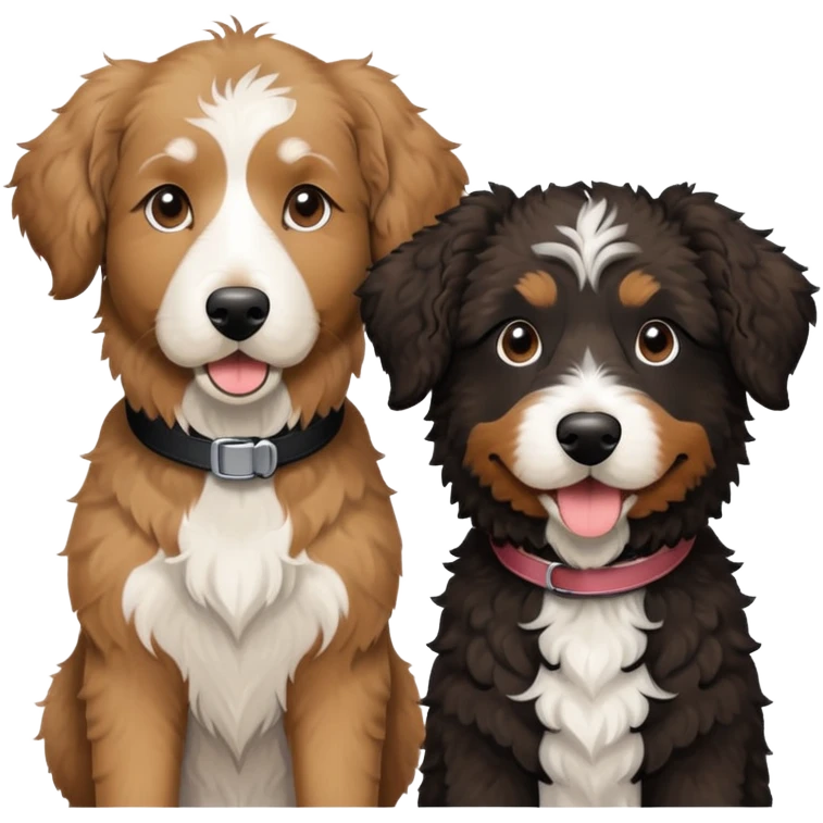 2 dogs, one is a light brown Aussie doodle. the other is a black Berenedoodle with white eyebrows . Make both same size emoji