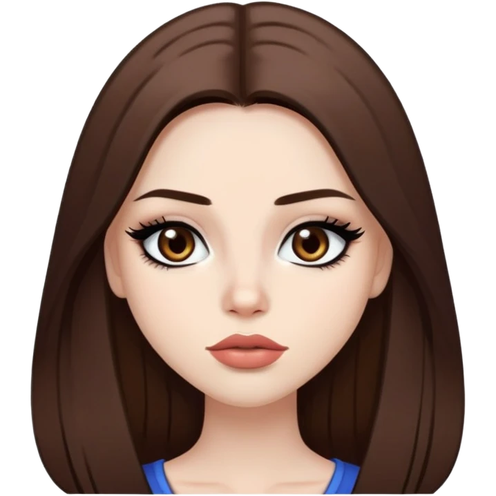 pretty baddie, brown straight hair, cute lips, pale skin, long hair, dark brown eyes, bold black eyeliner emoji