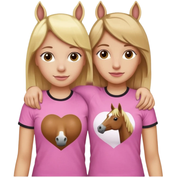 Two Girls with their arms around each other at summer camp one blonde one brown hair brown hair wearing pink horse shirt emoji