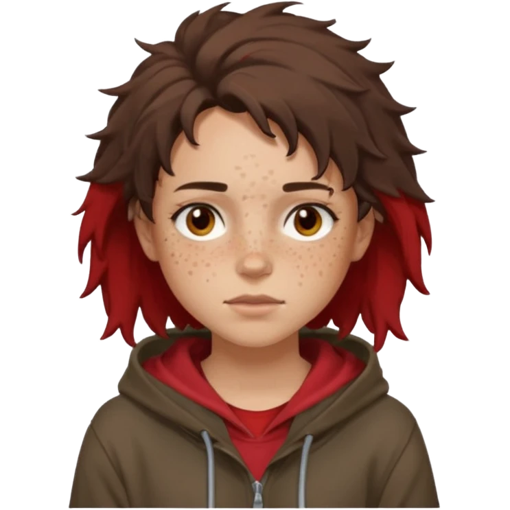 Hobo tomboy with light skin, freckles, dark brown shoulder-length hair in a messy style, brown eyes, dark brown hoodie, dull red shirt. emoji