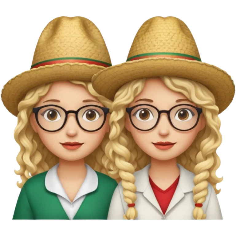 2 blonde girls, one with curly hair and glasses and the other with straight hair and glasses. both wearing Mexican hats emoji