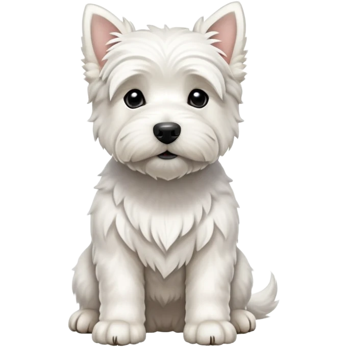 cinematic-[west highland white terrier]-realistic-full-body-sitting-emoji,-tail-resting-loosely-beside-its-paws,-head-tilted-dramatically, dooped ears -wavy-[white-fur,-simplified-yet-realistic-focused-features,-highly-detailed,-glowing-with-an-almost-sarcastic-glow emoji