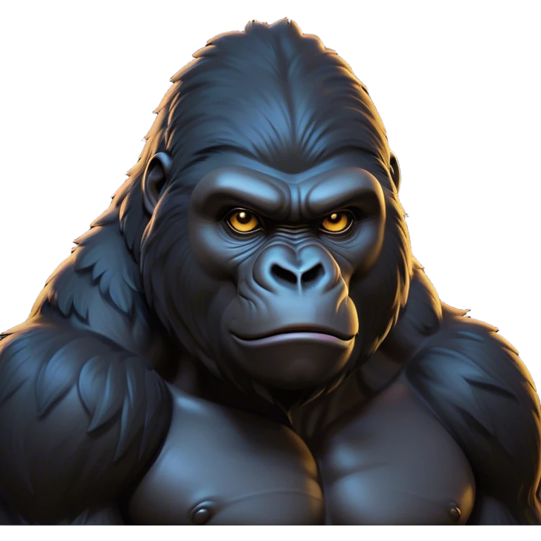 Cinematic Noble Gorilla Portrait Emoji, Poised and commanding, with a massive, muscular build cloaked in dense, rich fur and deep, soulful eyes, Simplified yet sharp and sophisticated features, highly detailed, glowing with a soft, dignified jungle glow, high shine, intelligent and formidable, stylized with an air of primate majesty, focused and authoritative, soft glowing outline, capturing the essence of a watchful guardian that feels as though it could step out of the screen with effortless authority! emoji