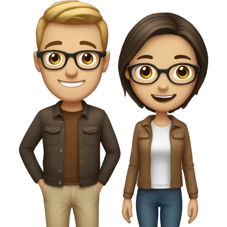 Happy couple together, girl with dark hair, blue eyes and glasses. Boy with light brown hair and brown eyes  emoji