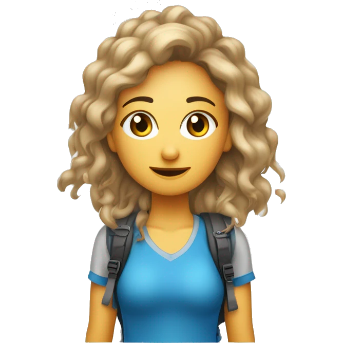 ragazza dai capelli biondi e lisci, occhi azzurri, con zaino e bastoncini che cammina in un trekking emoji