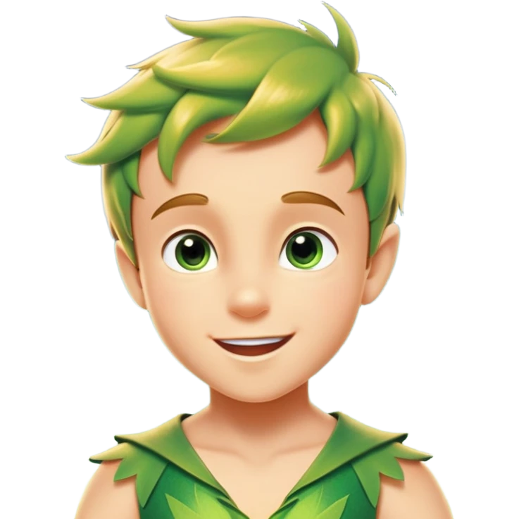 cinematic-realistic-peter-pan-portrait, head tilted dramatically with an exaggeratedly amused expression and sparkling eyes brimming with playful mischief, his iconic outfit rendered in vivid detail with dynamic shadows, soaring through the air accompanied by a glowing Tinker Bell, whose delicate wings leave a trail of shimmering pixie dust across a whimsical sky. emoji
