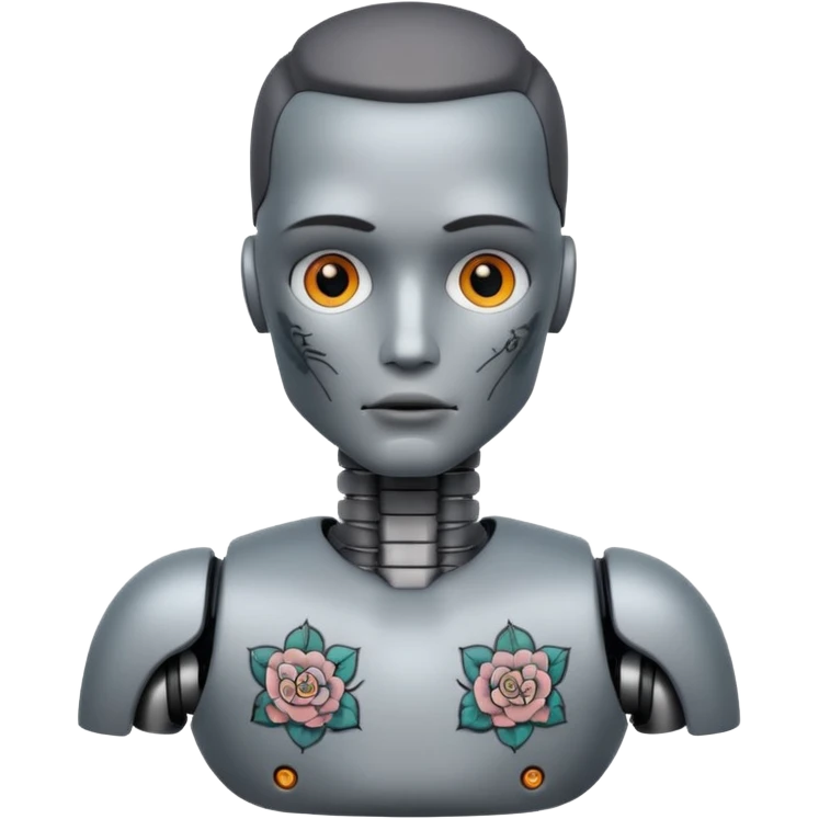 gray Tatooed robot, big many tatooes on chest, neck and face emoji