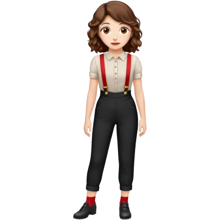 Woman with wavy brown hair and hazel eyes wearing black dress pants with red suspenders emoji