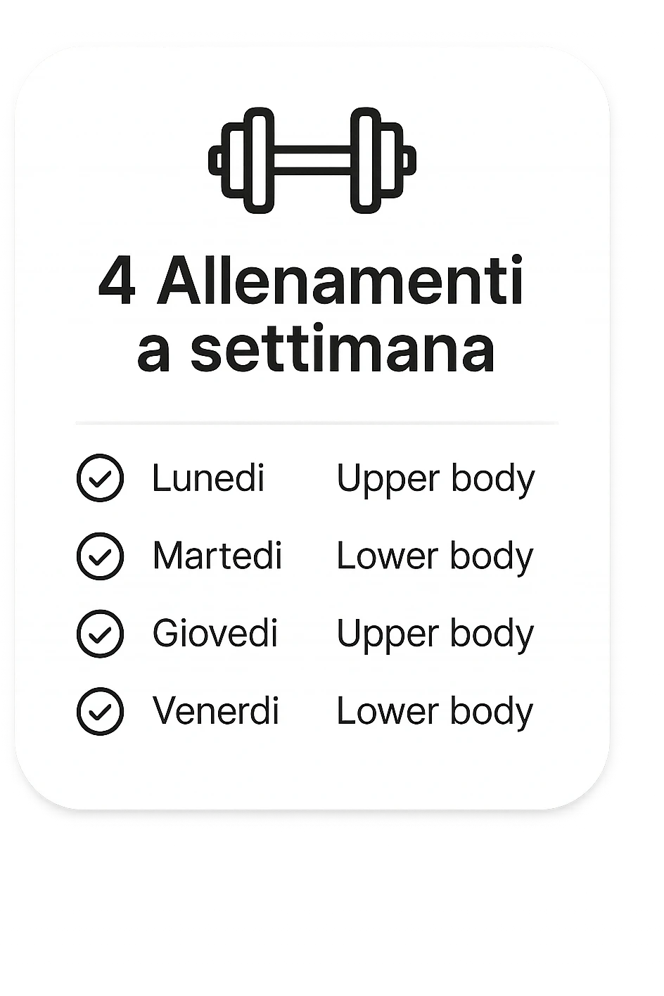 Scheda di allenamento di palestra con scritto "4 Allenamenti a settimana" emoji