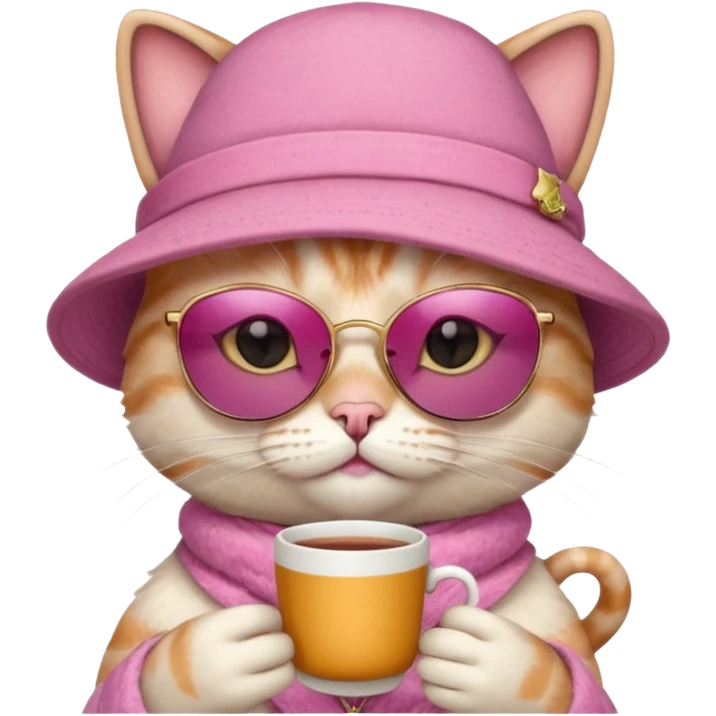 Pink cat with hat, holding cup of tea, wearing sunglasses emoji