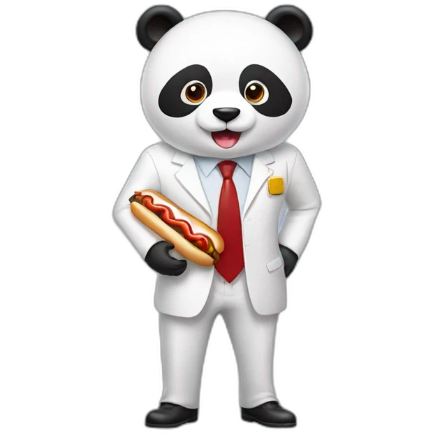 A professor with white suit and red tie and a panda face eating a hotdog and holding a black suitcase emoji