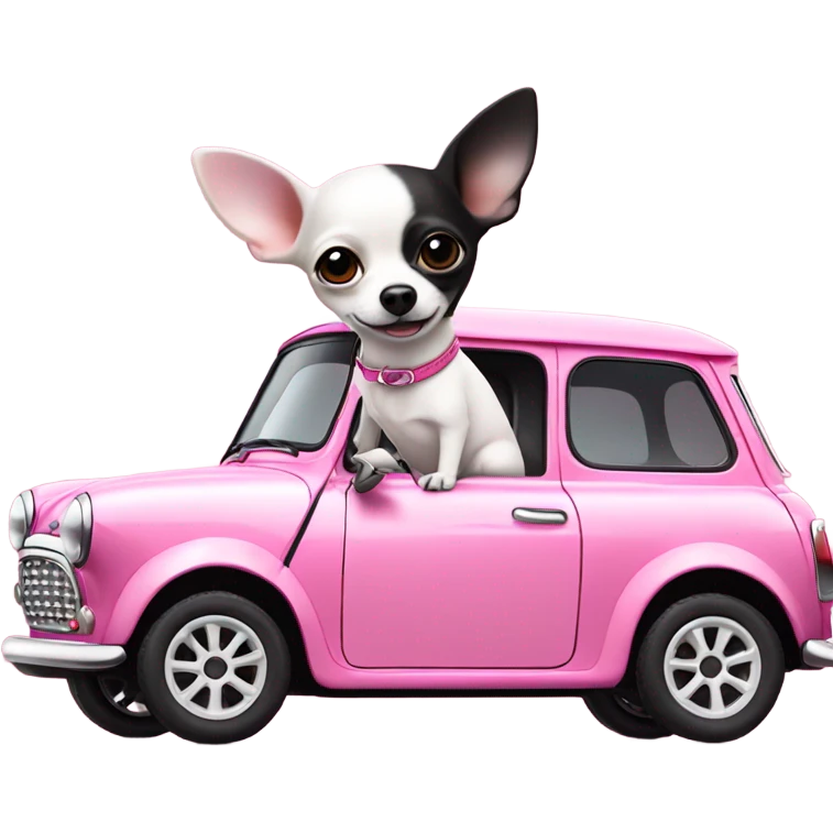 Black and white Chihuahua driving pink mini cooper emoji
